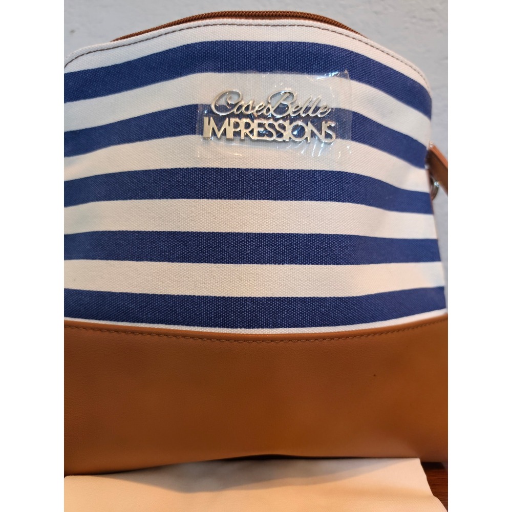 CoseBelle Impressions Blue White Striped Canvas Crossbody Bag Tan Vegan Leather - Picture 9 of 11